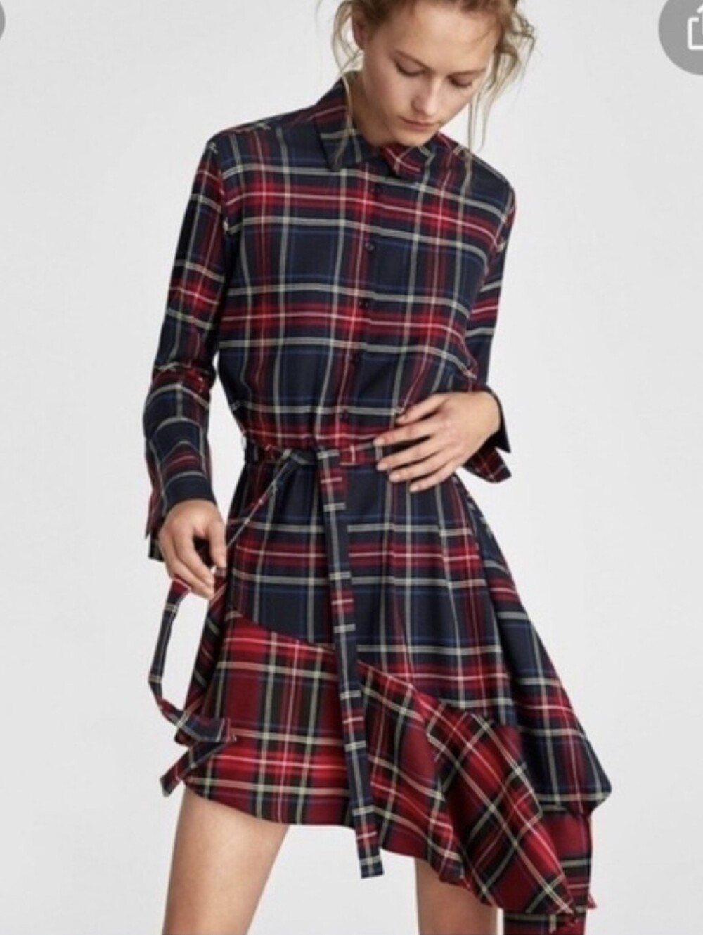 Asymmetrical Plaid Dress In Blue & Red Tartan